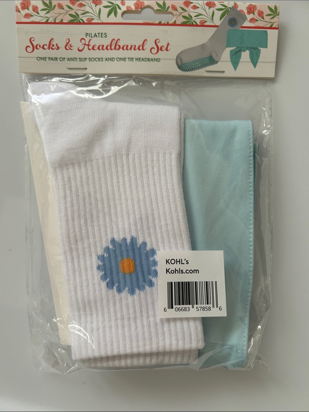 Pilates Yoga Socks & Tie Headband Set NWT White Blue Non Slip Grip
